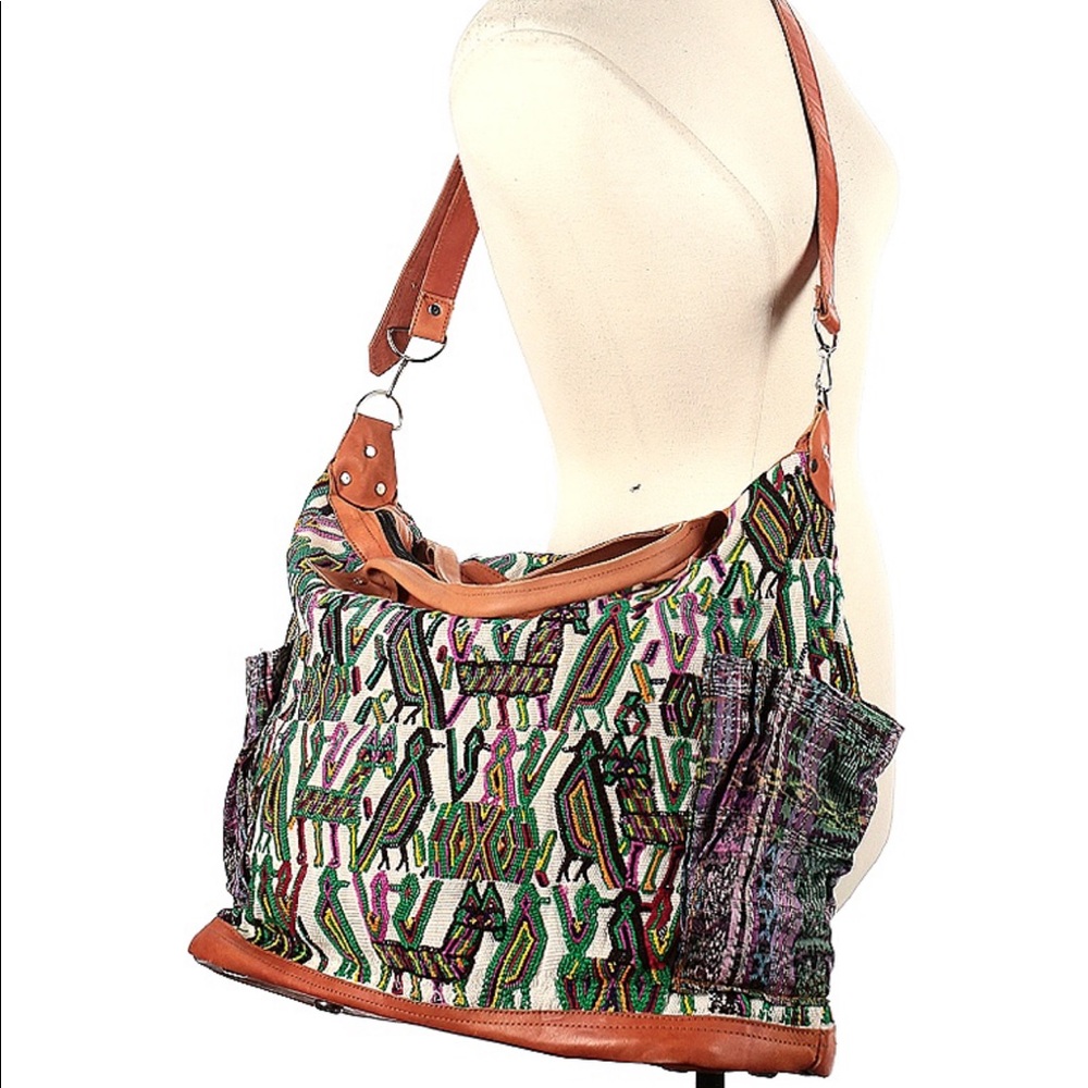 Large Woven Huipil Weekender Bag with Leather Trim